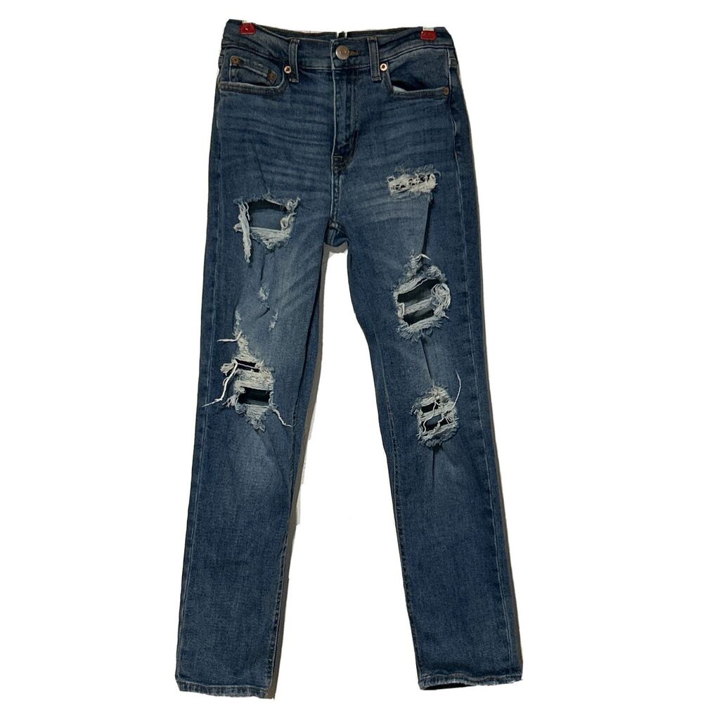 Aeropostale Womens Stretch Mom Jeans Sz. 00 High Rise Distressed Blue Denim